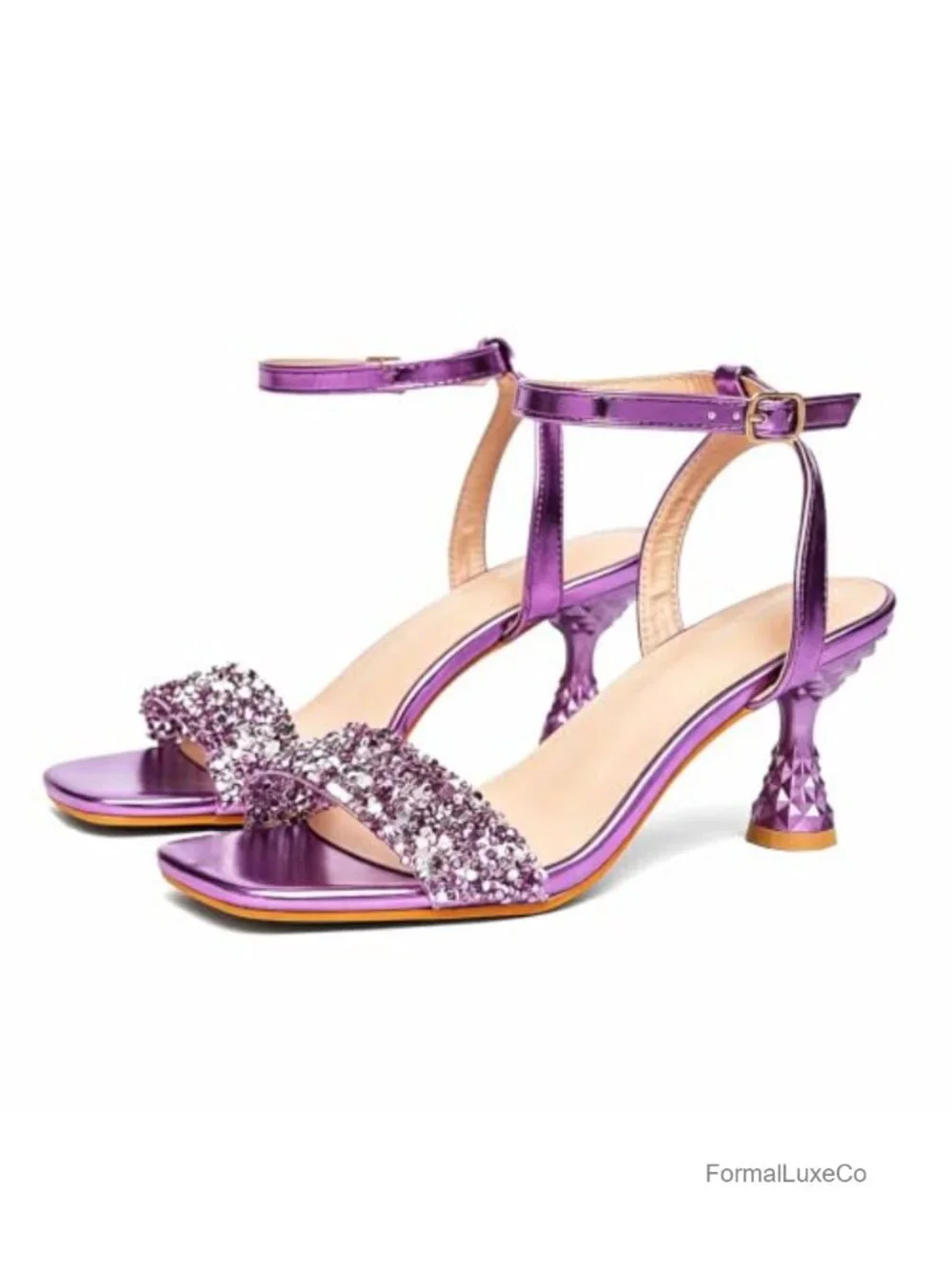 Rhinestone Ankle Strap Heeled Sandals Mid-Heel Square Toe Prom Sandals